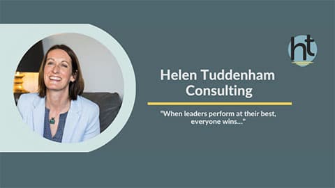 A green background with a circle graphic with a light green border and inside is a headshot of Helen wearing a light blue suit. To the right it reads Helen Tuddenham Consulting. 
